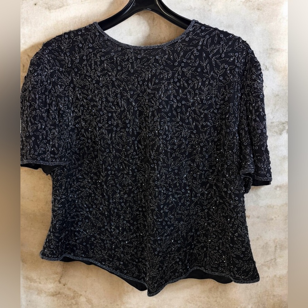 Vintage Papell Boutique Evening Silk Hand Beaded Top Black 2X Plus Size Retro